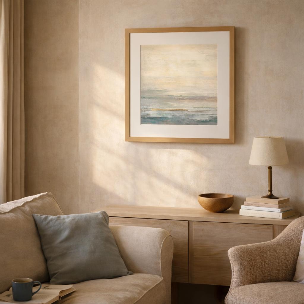 Abstract Golden Seascape by Alpenglow Workshop. Classic Oak framed print hanging on the sitting-room chimney breast, from TheArtFolio