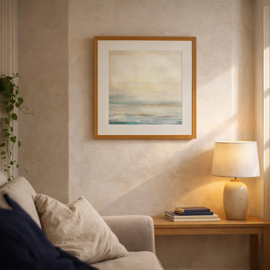 Abstract Golden Seascape by Alpenglow Workshop. Classic Oak framed print hanging on the sitting-room chimney breast, from TheArtFolio
