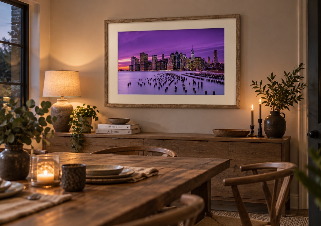 Purple New York Twilight by J. G Damlow, generated lifestyle scene, framed print from TheArtFolio