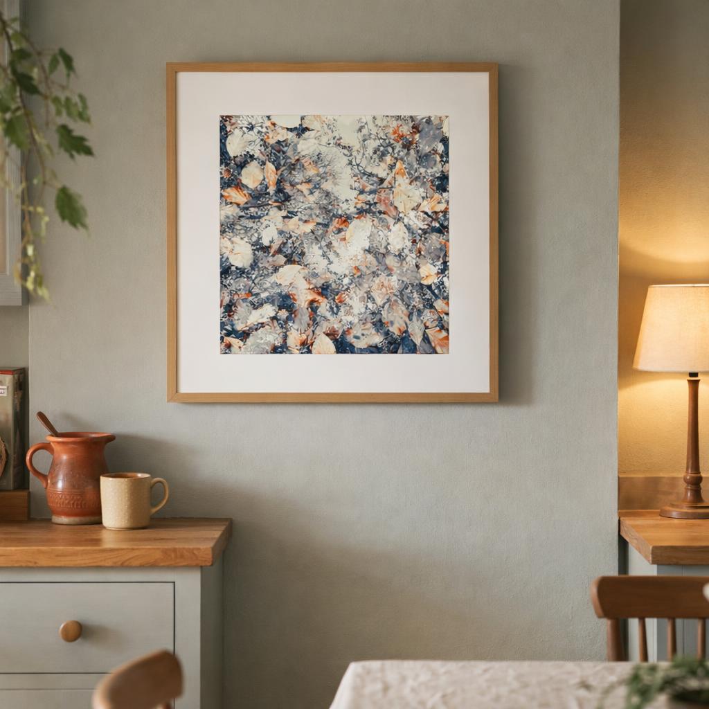 Trees and leaves by Cathryn Baldock. Classic Oak framed print hanging on a cabinet-free stretch of the kitchen-diner, from TheArtFolio
